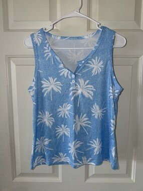 SHEIN Blue and White Palm-Print Henley Tank Top